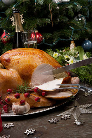 Carving rustic style roasted Christmas turkey garnished with roasted garlic, lemon, and rosehips.の写真素材
