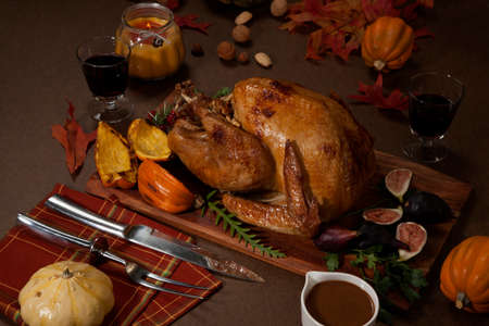 Garnished traditional roasted turkey for Thanksgivingの写真素材