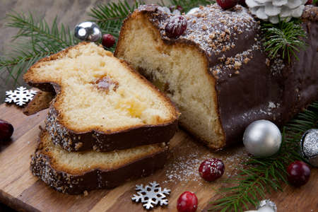 Traditional Christmas chocolate yule log cake with cranberry, Christmas ornamets, and decorations.の写真素材
