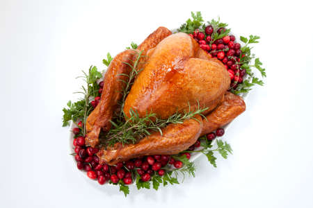 Smoked turkey on a tray garnished with fresh cranberries and herbs over white background. Thanksgiving or Christmas theme. (studio isolated, not PS)の写真素材