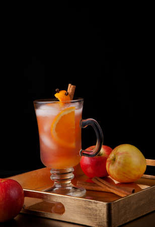 Closeup of Spicy Apple Cider on a tray with mini pumpkins, fresh apples, and cinnamon sticks. Fall Drinks series.の写真素材