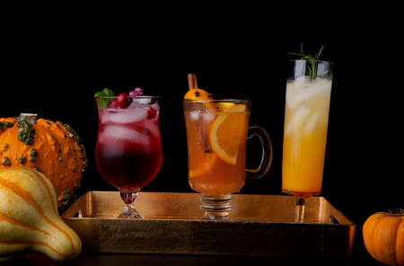 Closeup of Spicy Apple Cider, Pear Sparkler, and Whiskey-Cranberry cocktails on a tray with mini pumpkins. Fall Drinks series.の写真素材