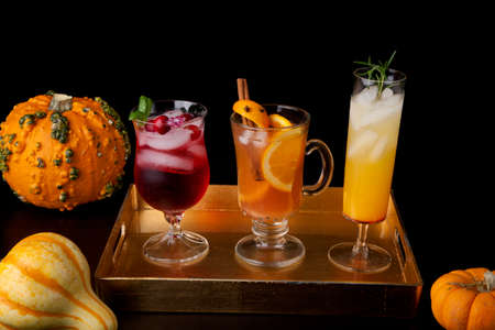 Closeup of Spicy Apple Cider, Pear Sparkler, and Whiskey-Cranberry cocktails on a tray with mini pumpkins. Fall Drinks series.の写真素材
