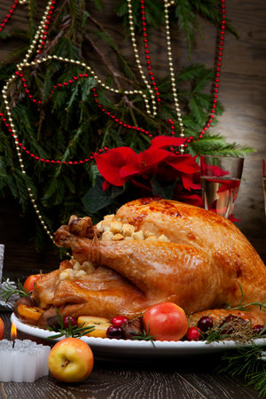 Garnished roasted Christmas turkey with grab apples, sweet chestnut, cranberry, Christmas ornaments, candles, and pine cones.の写真素材