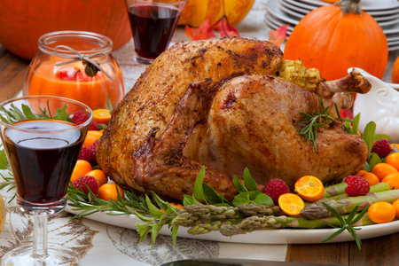 Citrus glazed roasted Turkey for Thanksgiving celebration garnished with kumquat, raspberry, asparagus, oregano, and fresh rosemary twigs.の写真素材