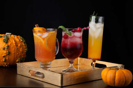 Closeup of Spicy Apple Cider, Pear Sparkler, and Whiskey-Cranberry cocktails on a tray with mini pumpkins. Fall Drinks series.の写真素材