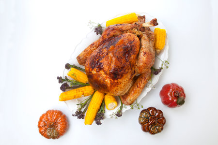 Garnished traditional fall roasted turkey garnished with corn on the cob, plums, and herbs. On white background with pumpkins.の写真素材