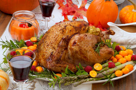 Citrus glazed roasted Turkey for Thanksgiving celebration garnishedの写真素材