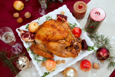 Pomegranate glazed roasted turkey on a tray garnished with fresh pomegranates, apples, herbs, and walnuts on Christmas-decorated table with candles, ornaments, fir twigs and flutes of champagne.の写真素材
