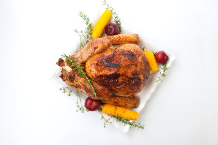 Garnished traditional fall roasted turkey garnished with corn on the cob, plums, and herbs. On white background with pumpkins.の写真素材
