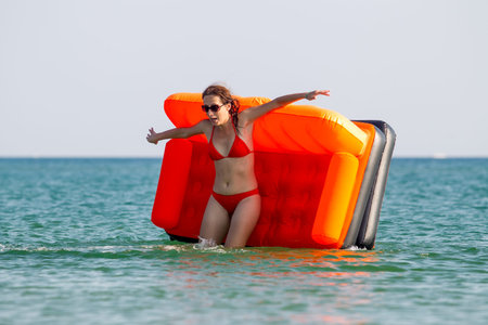 people sea vacation inflatable mattress thailand travelの写真素材