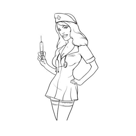 Beautiful medical nurse with syringe, simple vector illustration. Isolated on white backgroundのイラスト素材