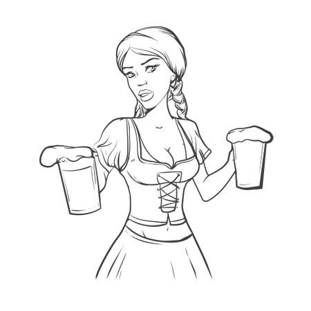 simple vector illustration, cartoon pretty girl with beer, sexy waitressのイラスト素材