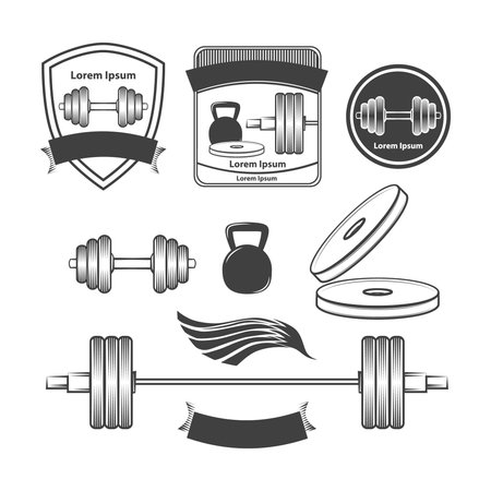 set of gym equipment, quotes and design elementsのイラスト素材