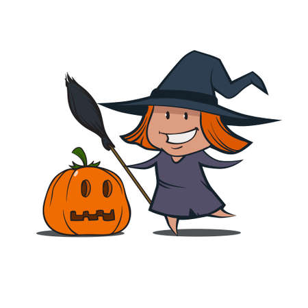 little pretty cartoon witch with broom and pumpkin, simple illustrationのイラスト素材