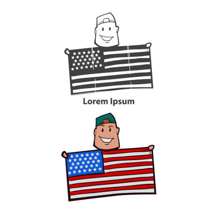 patriot man holding American flag, simple illustrationのイラスト素材