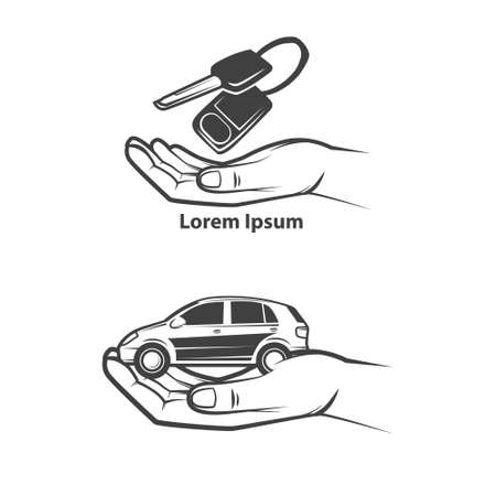 car rental or sale concept, hand holding car key and small carのイラスト素材