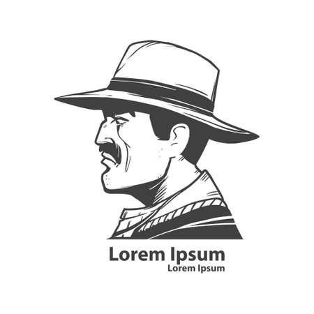 cowboy head, symbol, simple illustration, profile view, man in hat, wild west conceptのイラスト素材
