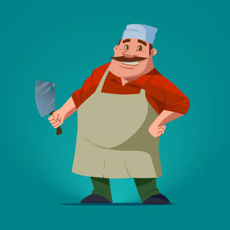 funny butcher, cartoon character, vector illustration, isolated backgroundのイラスト素材