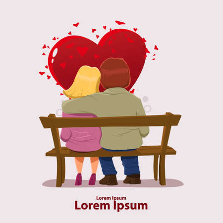 Valentine's Day card, vector illustration, happy couple sitting on a bench, love, hugs, cartoon characters, romantic dateのイラスト素材