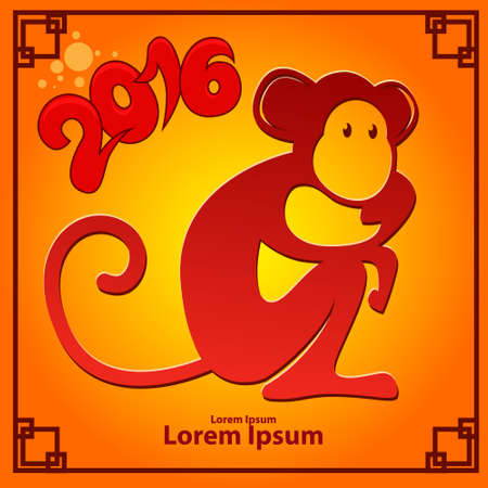 Chinese zodiac: monkey, symbol of 2016 year, silhouette monkey on colorful background with frame, simple illustrationのイラスト素材