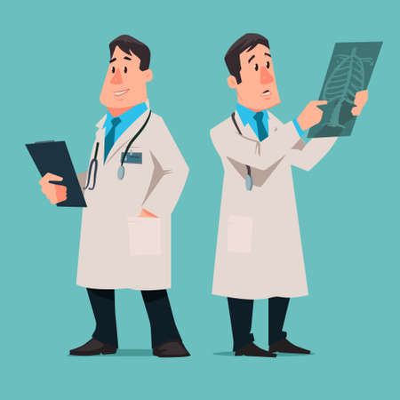cartoon male doctor character, test results x-ray, vector illustration, isolated backgroundのイラスト素材