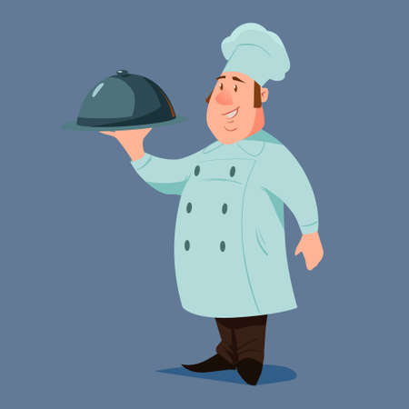 chef with dish, cartoon character, funny, vector illustrationのイラスト素材