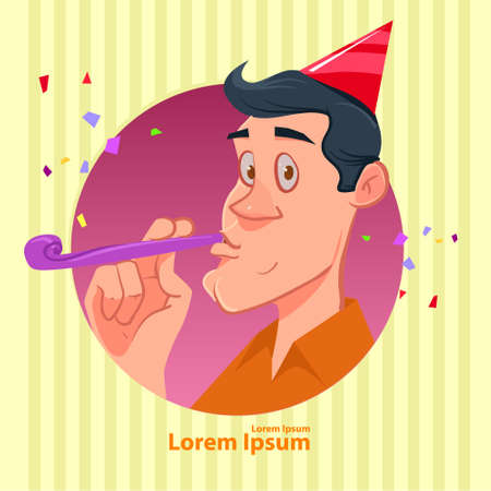man wearing party hat and blowing noisemaker, circle, happy birthday, vector illustrationのイラスト素材