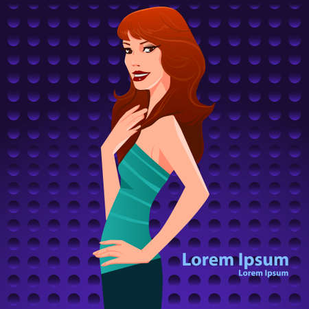 fashion girl poses on abstract background, party, disco, vector illustrationのイラスト素材