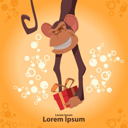 Chinese New Year illustration, funny cartoon colorful monkey giving the gift, symbol of 2016 year, bubbles, for your designのイラスト素材