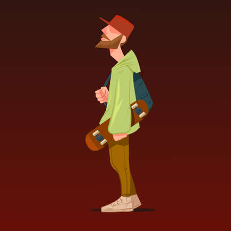 cartoon character holding skateboard, hipster, vector illustrationのイラスト素材