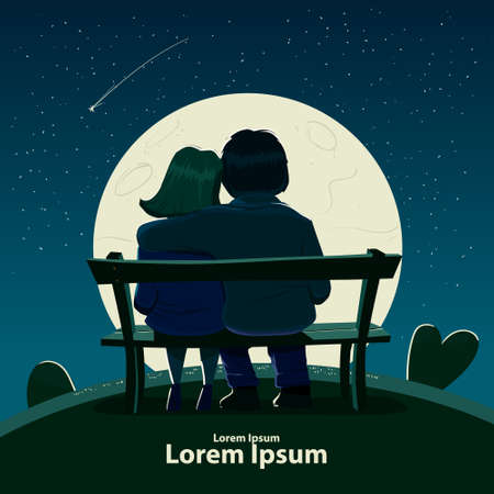 Valentine's Day card, vector illustration, happy couple sitting on a bench, love, hugs, cartoon characters, romantic date, night, moon, starsのイラスト素材