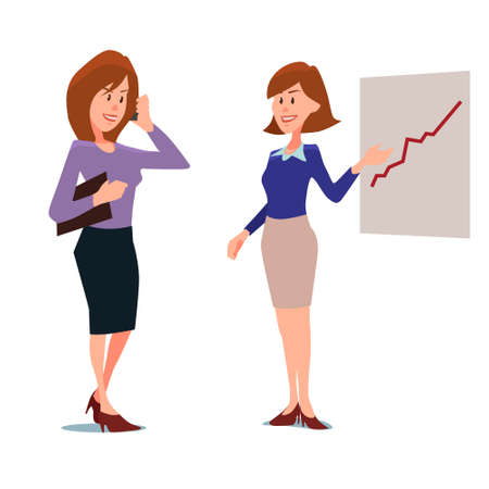 cartoon character, business woman with phone and show something, in various poses, vector illustration, investorのイラスト素材
