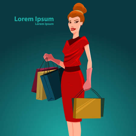young beautiful woman holds bags, sale time, shopping, vector illustrationのイラスト素材