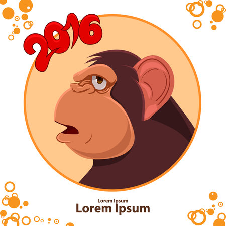 Chinese New Year illustration, funny cartoon colorful monkey head in circle, symbol of 2016 year, bubbles, for your designのイラスト素材