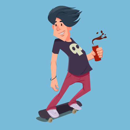 cartoon character on skateboard with bank of soda, hipster, vector illustrationのイラスト素材