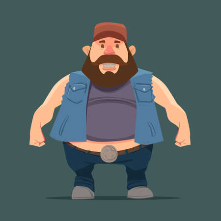 funny cartoon character, truck driver with beard in trucker cap, vector color illustrationのイラスト素材
