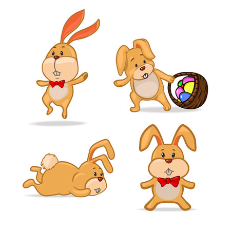 set of funny Easter rabbits, red bow tie, rabbit with basket full of  Easter eggs, Easter symbolのイラスト素材