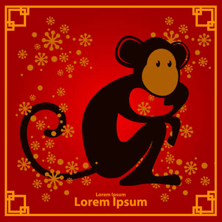 Chinese zodiac: monkey, symbol of 2016 year, silhouette sitting monkey on red background with gold frameのイラスト素材
