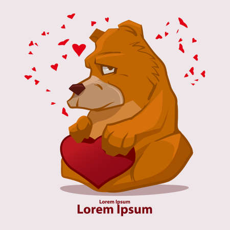 cartoon teddy bear holding red heart, Valentine's day card, vector illustrationのイラスト素材