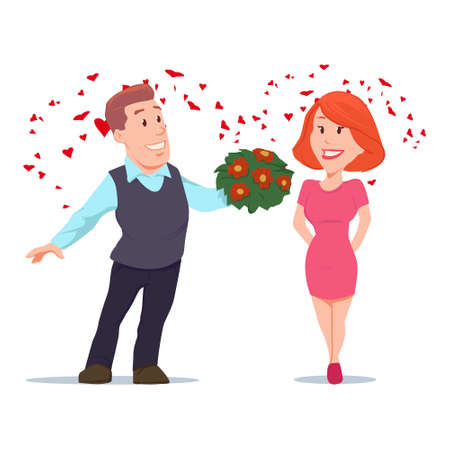 Valentine's Day card, vector illustration, happy couple, love, cartoon characters, romantic date, man giving flowersのイラスト素材