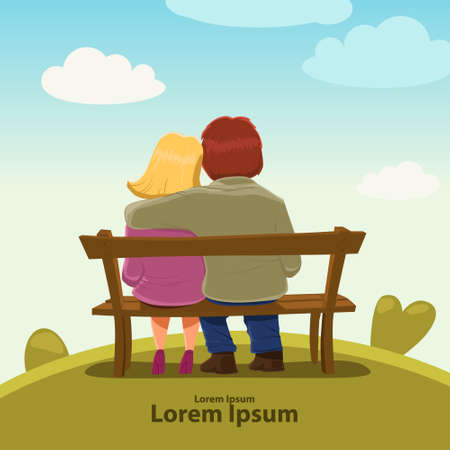 Valentine's Day card, vector illustration, happy couple sitting on a bench, love, hugs, cartoon characters, romantic dateのイラスト素材