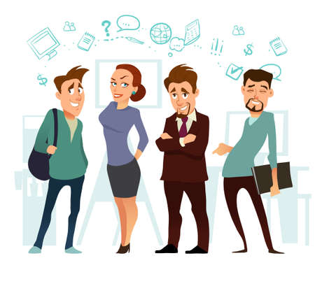 business, cartoon characters, coworking, teamwork in business office, vector illustrationのイラスト素材
