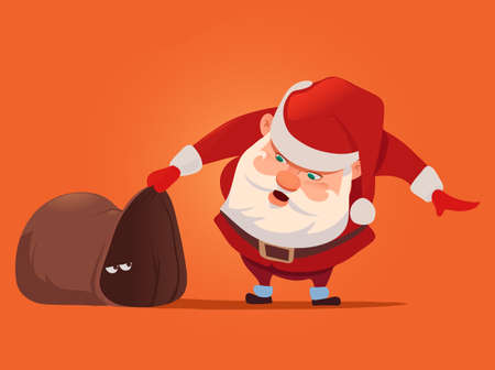 Santa Claus with big sack, for Christmas greeting card background poster, surprise, character, vector illustration.のイラスト素材