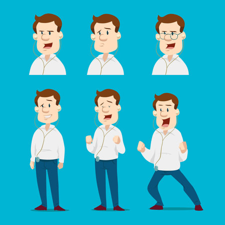 funny cartoon man listening music in headphones, emotions, face, happy, poses, relax, vector illustrationのイラスト素材