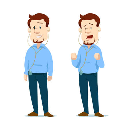 funny cartoon man listening music in headphones, emotions, audio, happy, relax, vector illustrationのイラスト素材