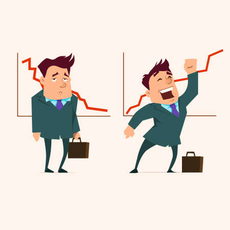 manager, businessman analyzes charts, a report of work, trend in a market, business plan, strategy, happy, sad, success, falling, graphics, vector illustrationのイラスト素材
