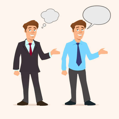 successful young businessman, character saying, with speech bubble, front view, business, job, professional, consultant concept, suit, vector illustrationのイラスト素材