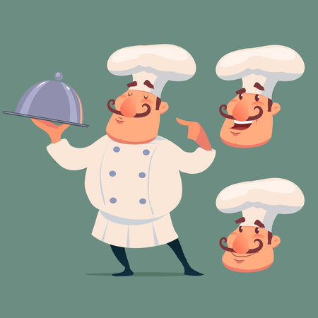 cute chef serving the dish, cartoon style, funny character, emotions, head, vector illustrationのイラスト素材