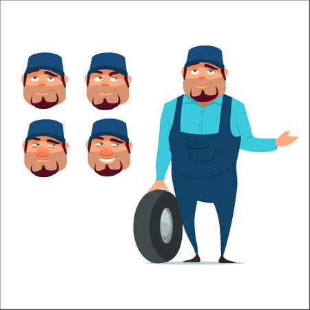 auto mechanic with wheel, happy, emotions, service, cartoon character, head, vector illustrationのイラスト素材